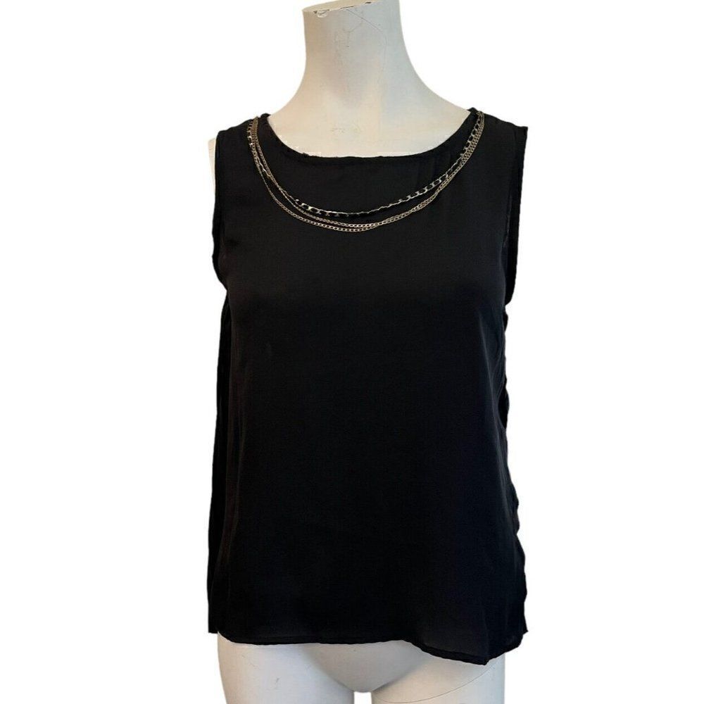 Lumiere Women's Sleeveless Black Blouse Triple Chain Necklace Smock Top NWT